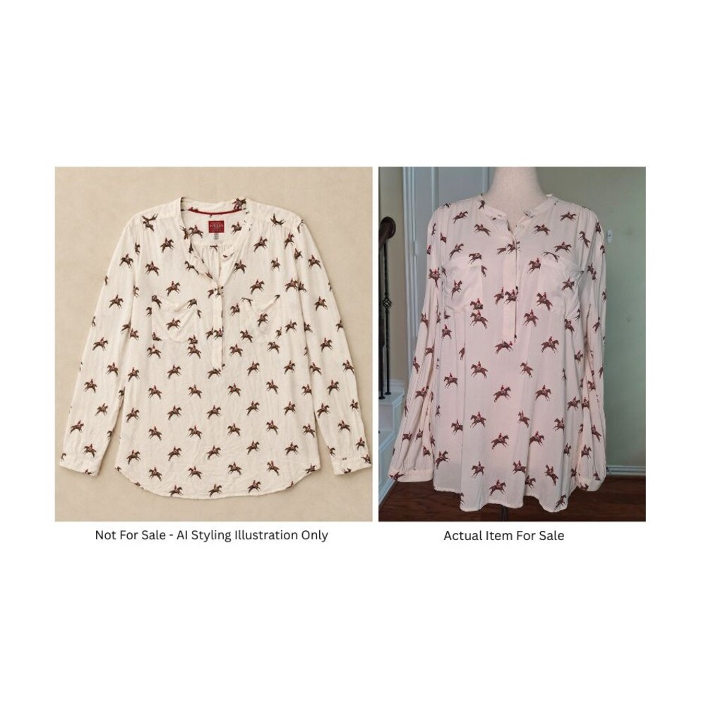 Joules British Equestrian Novelty Print Blouse Women 16 Horse Preppy Old Money